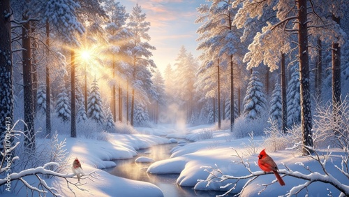 Winter Forest Scene with Cardinal and Snowshoes.
