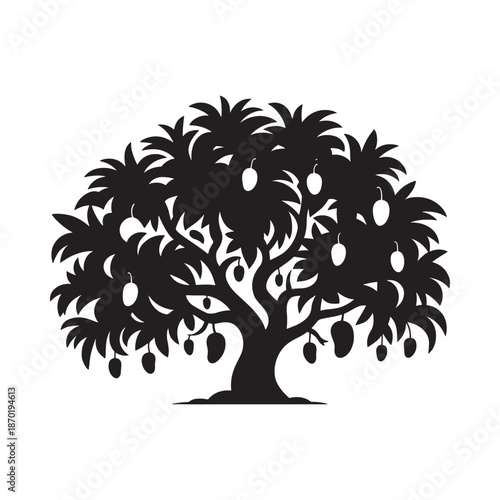 A stylized black silhouette of a mango tree laden with fruit