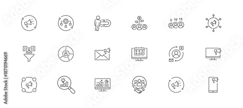 Marketing Activities icon set containing workflow, lead generation, lead nurturing, lead scoring, marketing channel, customer data collection, segmentation, email marketing, vector icons