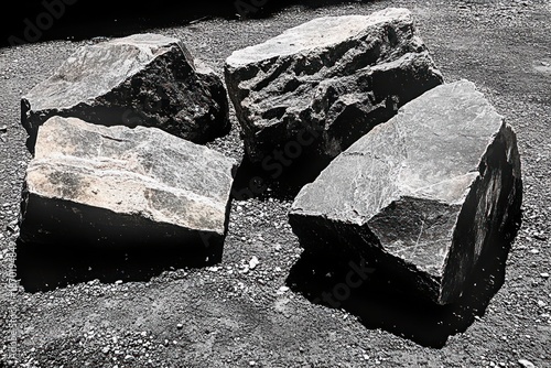 Four large angular boulders resting on sunlit gravel, casting deep stark shadows; rough textured stones evoke an austere dramatic mood
