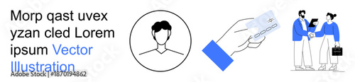 Digital identity, online payments, business collaboration, transaction verification, networking, modern economy. Minimal illustrations include a portrait, a hand holding a card, and two professionals