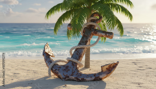 Rustic anchor on tropical beach with palm tree and ocean waves