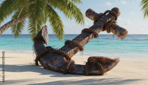 Rusty anchor on a serene tropical beach with palm trees