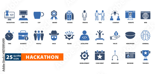 hackathon icon set with hackathon, computer,
cup, award, hoodie, person, two, code fest, website, web, time, business, people, hack, techie, developer, winning, value, hemisphere, cerebral, 
