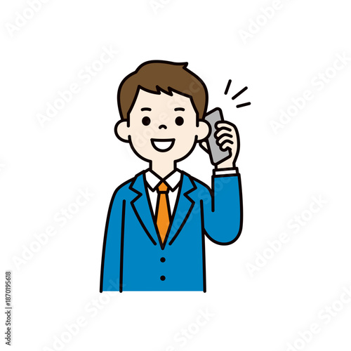 スマートフォンで話す・通話する、若いビジネスマンの上半身ベクターイラスト素材＿カラー