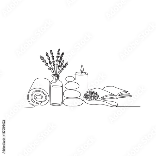 Relaxing spa scene with lavender stones and rolled towels in line art