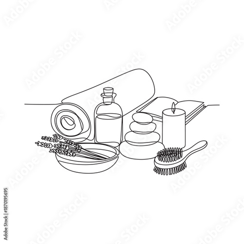 Line art illustration of spa elements towel bottle stones and brush