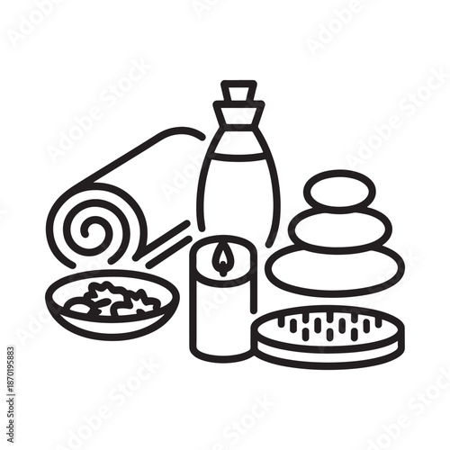 Zen garden elements stacked stones sake candle and traditional japanese tools