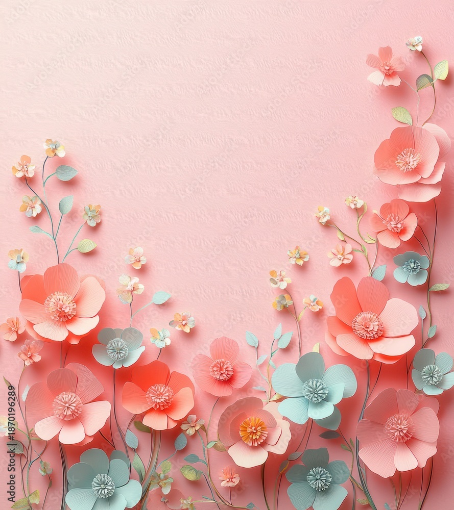 Fototapeta premium handcrafted paper-cut coral and mint flowers with delicate blossoms and leaves on a soft pink background, elegant romantic spring arrangement with a gentle cheerful mood