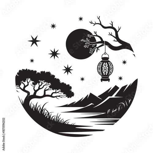 Minimalist black and white illustration of a moonlit landscape with trees and lantern