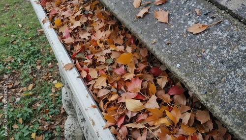 Clogged gutter filled with autumn leaves on roof