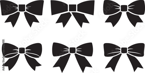 Set of 6 Black Ribbon Bows Vector Icons isolated PNG with Transparent Background