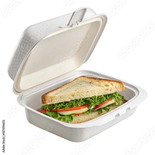 A sandwich in an eco-friendly clamshell pod carrier, perfect for takeout or delivery, showcasing sustainable food packaging