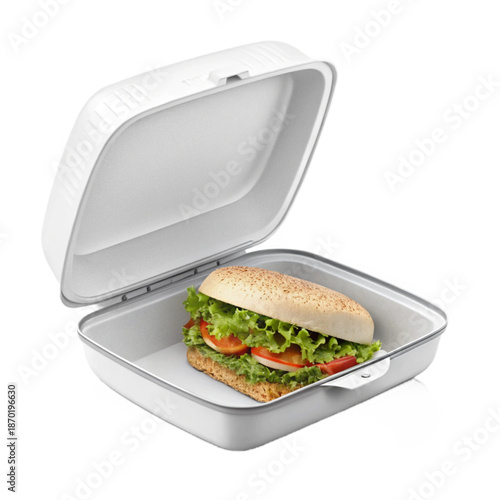A sandwich in a modern clamshell pod carrier, perfect for takeout or delivery, showcasing a fresh and healthy meal option.