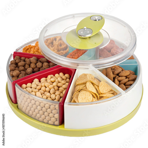 Rotating snack caddy with multiple compartments for organized snack storage and display