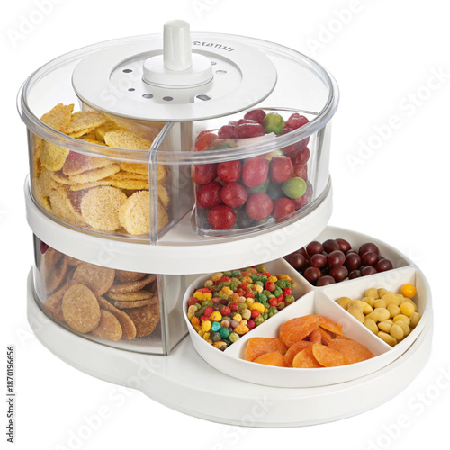 Efficient snack caddy with rotating compartments for easy access and organized storage