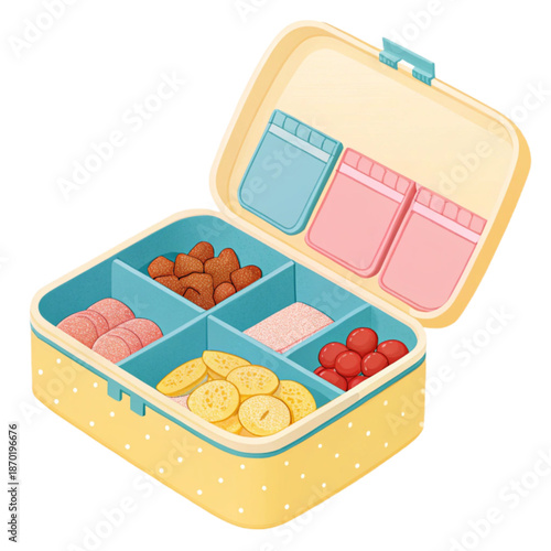 A snack organizer box with slide open panels for storing and displaying various snacks in a tidy and accessible way