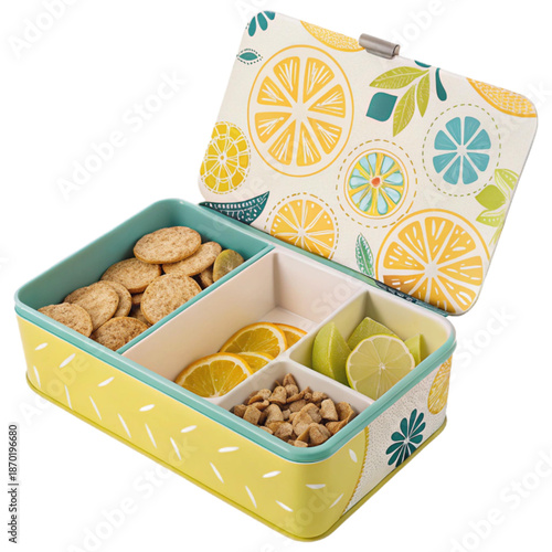 A snack organizer box with slide open panels for storing and organizing snacks