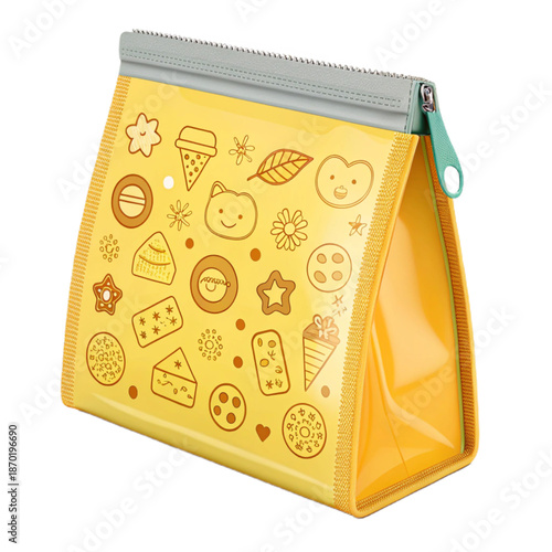 A vibrant yellow snack pouch with playful icon embossing, perfect for storing food on-the-go. Its colorful design and zipper closure make it a fun and functional accessory.