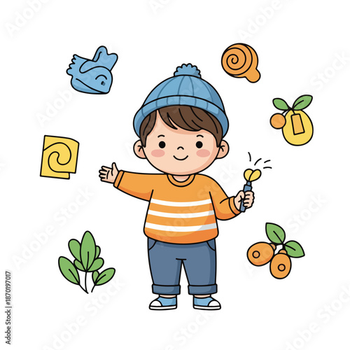 Happy little boy surrounded by cartoon objects and nature