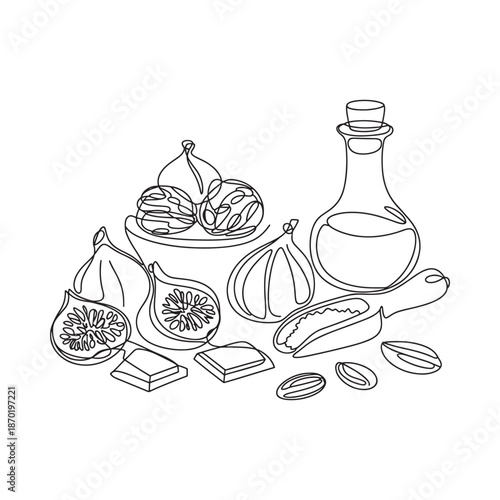 Line art illustration of figs garlic olive oil and chocolate delicacies