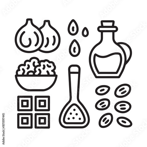 Culinary ingredients onions spices oil and cooking utensils in a line art style