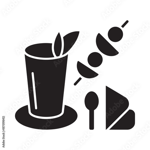 Black silhouette icon of a cocktail with fruit skewers and garnish