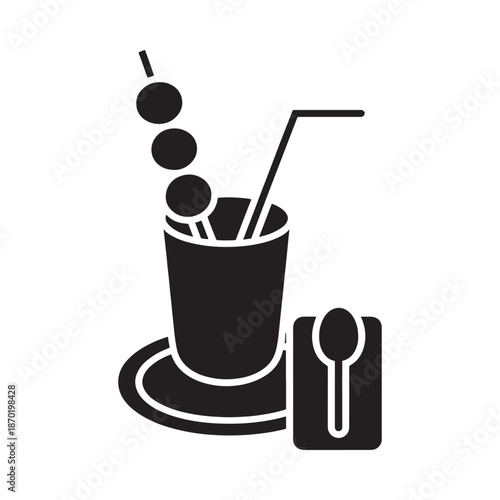 Simple black silhouette illustration of a beverage with a snack and spoon