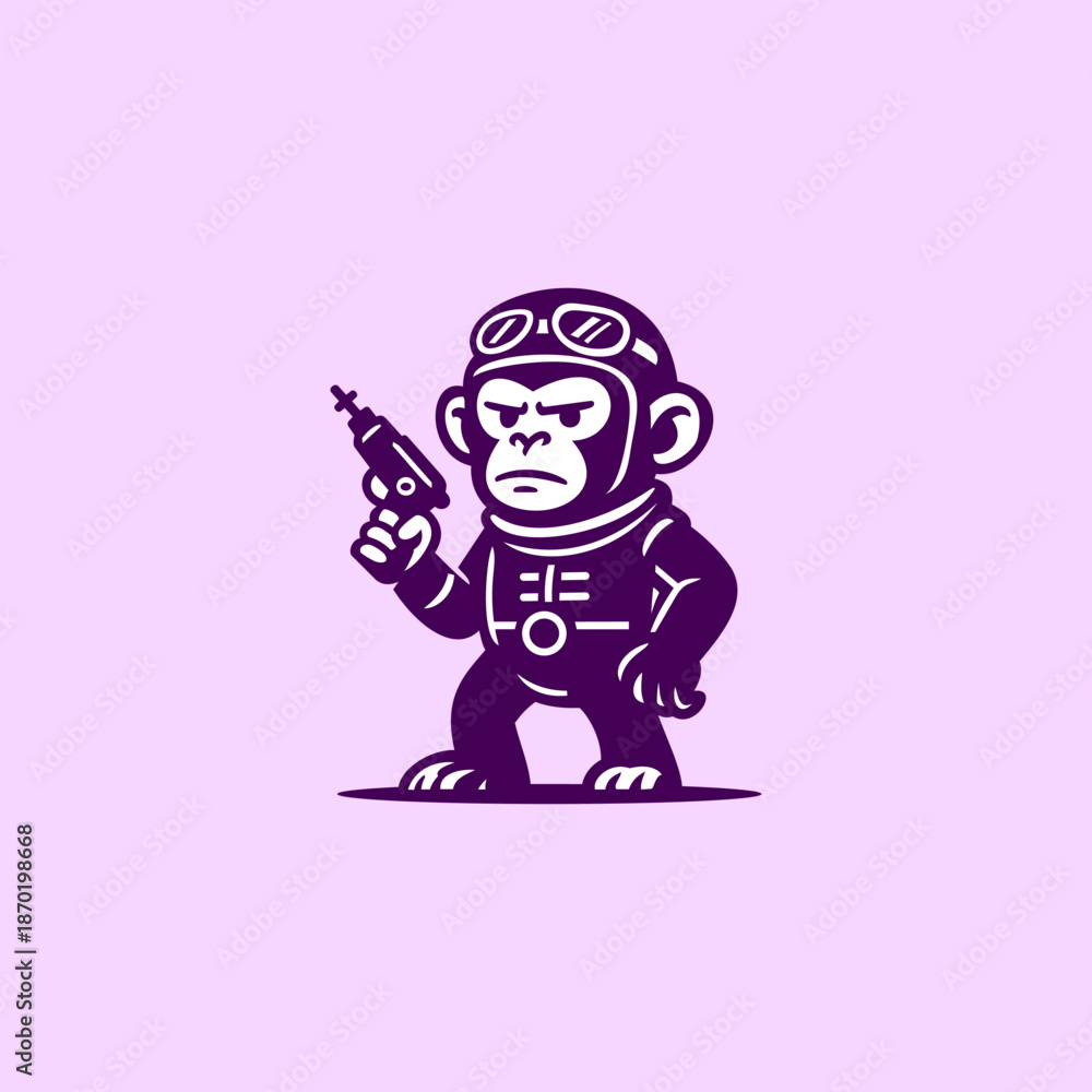 Fototapeta premium Stylized monkey astronaut mascot holding futuristic laser gun, bold purple vector illustration on pastel background, playful sci-fi character 