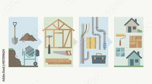 Illustration of home construction process with tools and materials