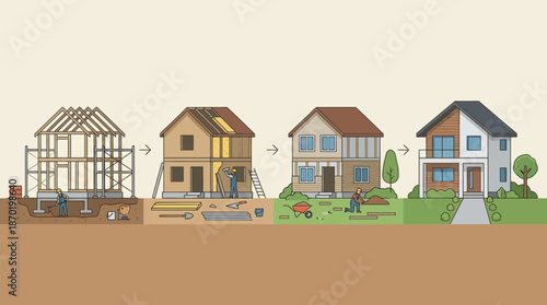 House construction process from foundation to completion