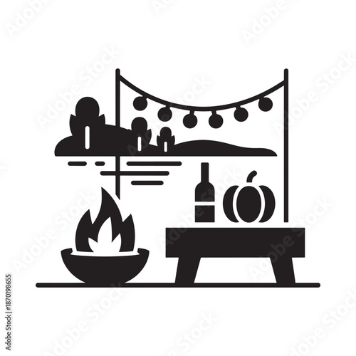 Outdoor gathering with a campfire table and string lights illustration