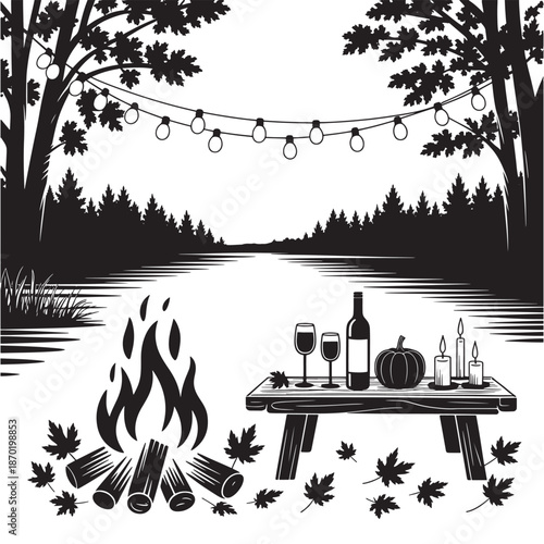 Autumn evening landscape with campfire wine and string lights near a lake