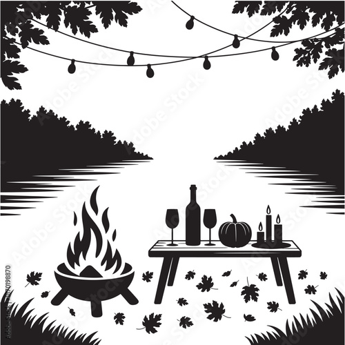 A serene lakeside evening with a campfire wine and autumn ambiance