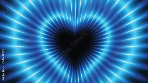 A vibrant blue neon heart shape with light rays on black background for love and romance themes.