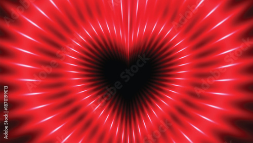 A vibrant red neon heart shape with light rays on black background for love and romance themes.
