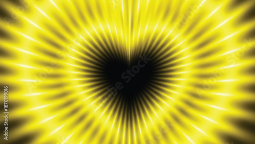 A vibrant yellow neon heart shape with light rays on black background for love and romance themes.
