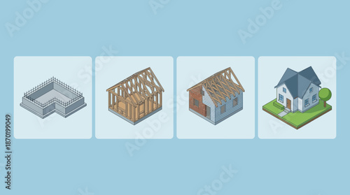 House construction process from foundation to completion