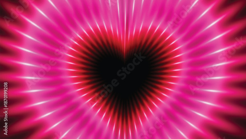 A vibrant pink neon heart shape with light rays on black background for love and romance themes.