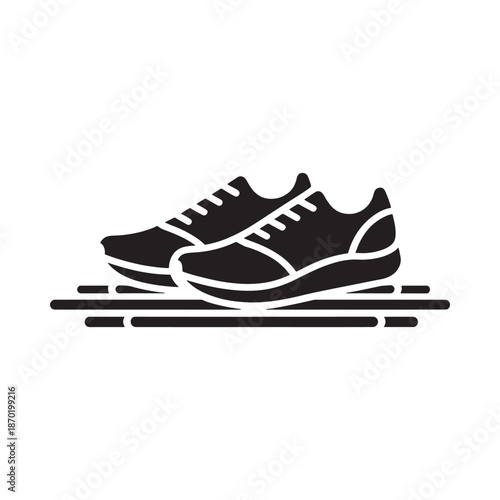 Simple black and white illustration of a pair of running shoes with lines