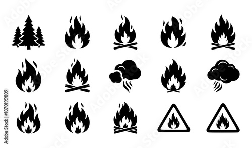 Forest Fire Disaster Tree Black Glyph Icons Vector
