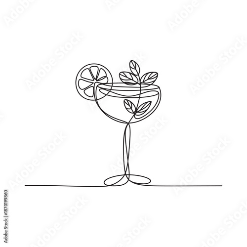 Minimalist line drawing of a cocktail glass with lemon and mint garnish