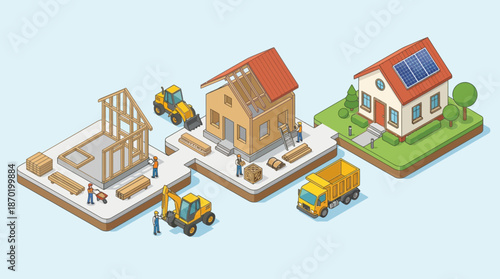 Construction workers building and renovating modern homes with heavy machinery