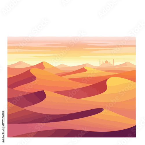 Vibrant desert landscape with sand dunes at sunset