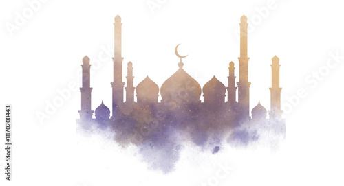 Modern flat vector illustration of a majestic mosque with dome and minarets
