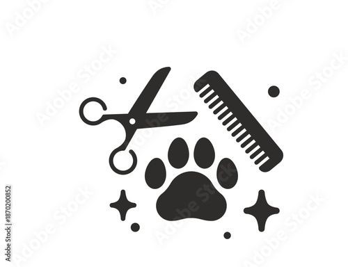 Pet grooming service icon with scissors comb and animal paw print vector illustration
