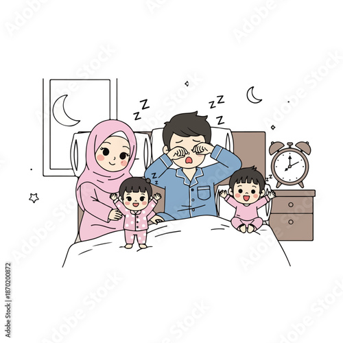 Tired Parents with Children in Bed