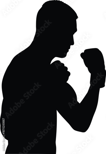 Profile Silhouette of a Boxer with Fists Guarded in Defensive Ready Stance