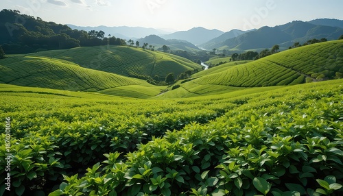 Lush green tea plantation on rolling hills with mountains