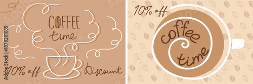 Coffee time banner with steaming cup and 10 percent discount, warm brown tones, cozy café style illustration for promotions and marketing